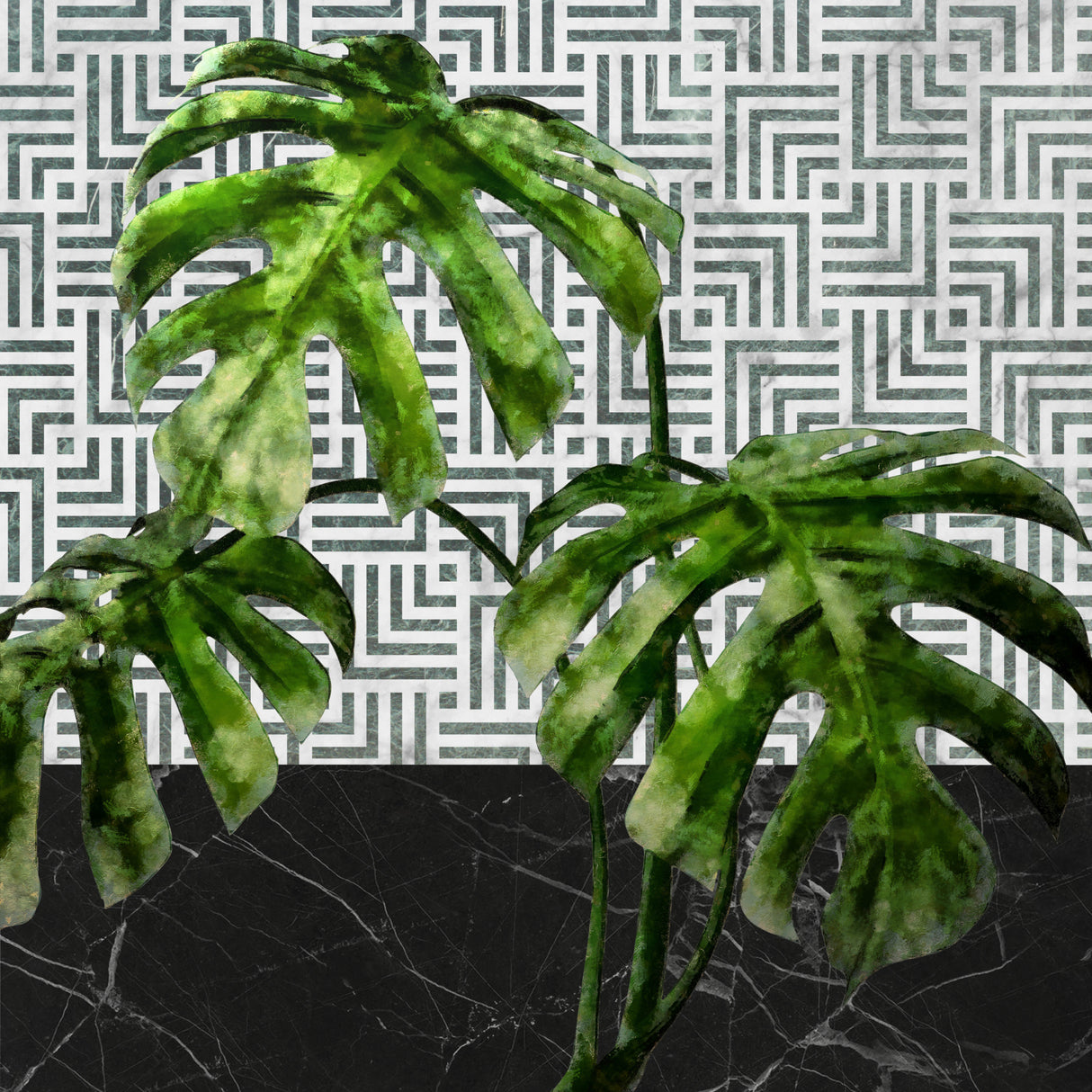 Monstera Leaves on Tiled Wall Poster och Canvastavla