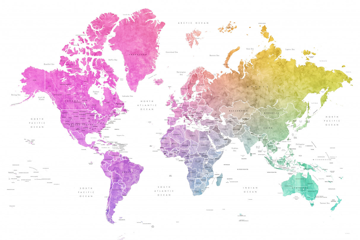 Watercolor world map with countries, Leo Poster och Canvastavla
