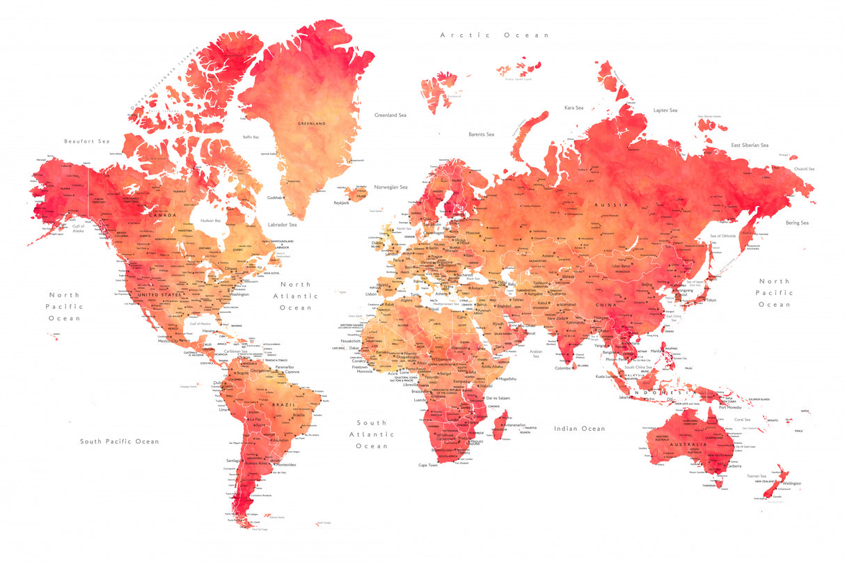 Watercolor world map with cities, Keats Poster och Canvastavla