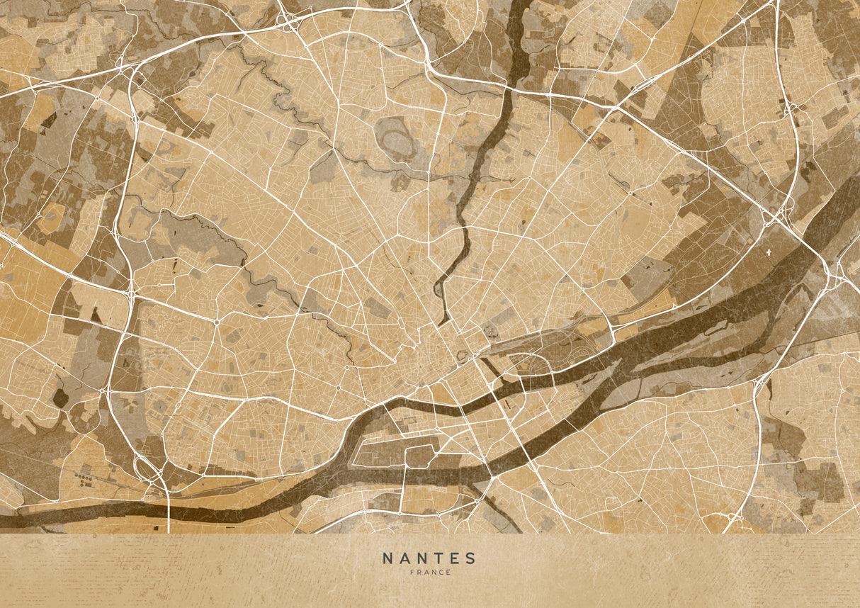 Sepia vintage map of Nantes France Poster och Canvastavla