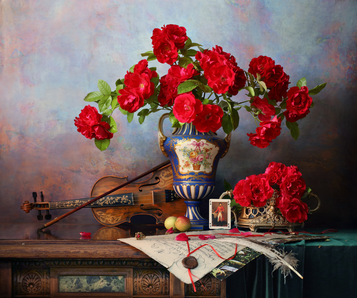 Still life with violin and red roses Poster och Canvastavla
