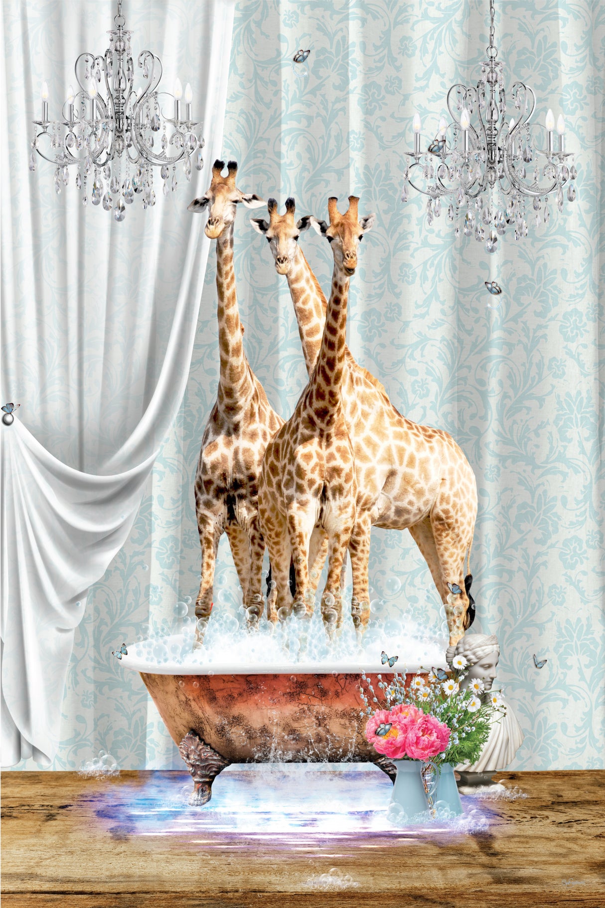 Three Giraffes & Bubbles Poster och Canvastavla