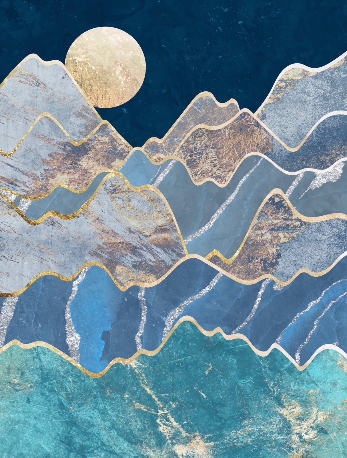 Metallic Mountains in the Moonlight Poster och Canvastavla