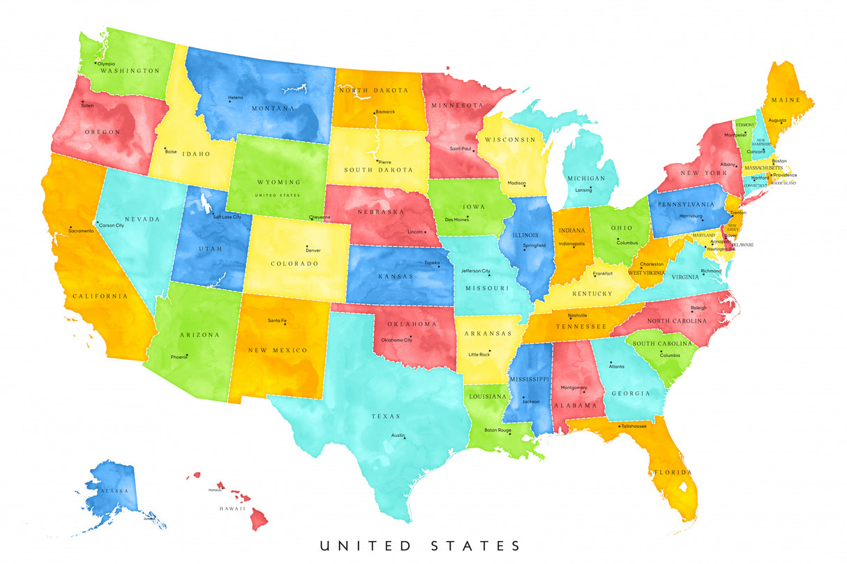 Colorful map of the United States with States and State capitals Poster och Canvastavla