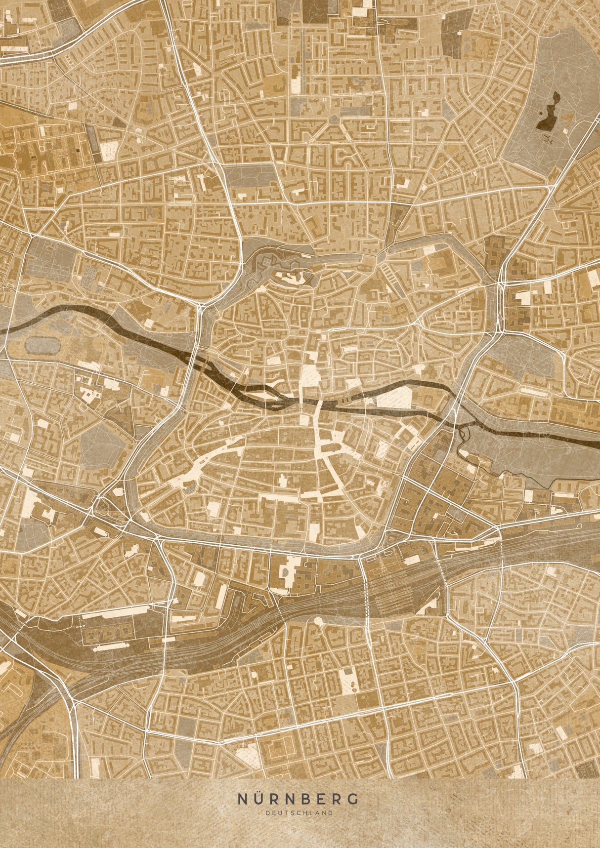 Sepia vintage map of Nürnberg downtown Germany Poster och Canvastavla