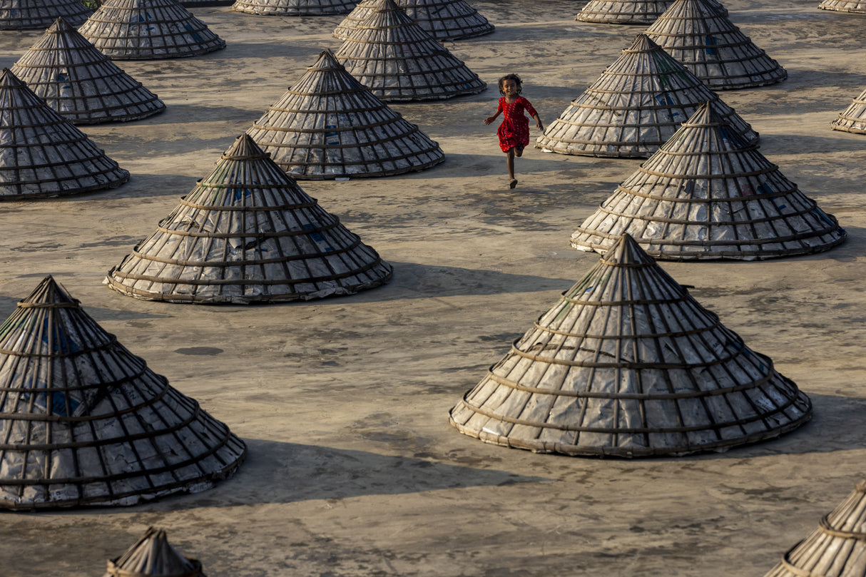 Children run amongst hundreds of traditional rice mills made from bamboo Poster och Canvastavla