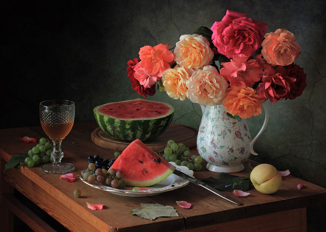 With a bouquet of roses and watermelon Poster och Canvastavla