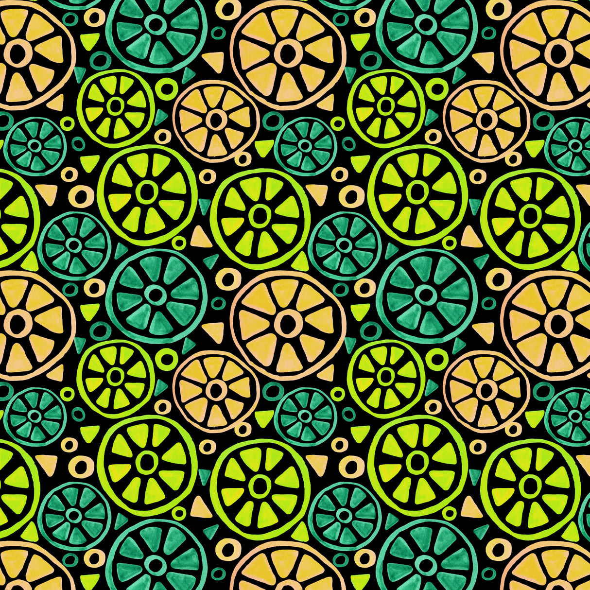 Fruit Slices Turquoise Green Orange On Black Geometric Poster och Canvastavla