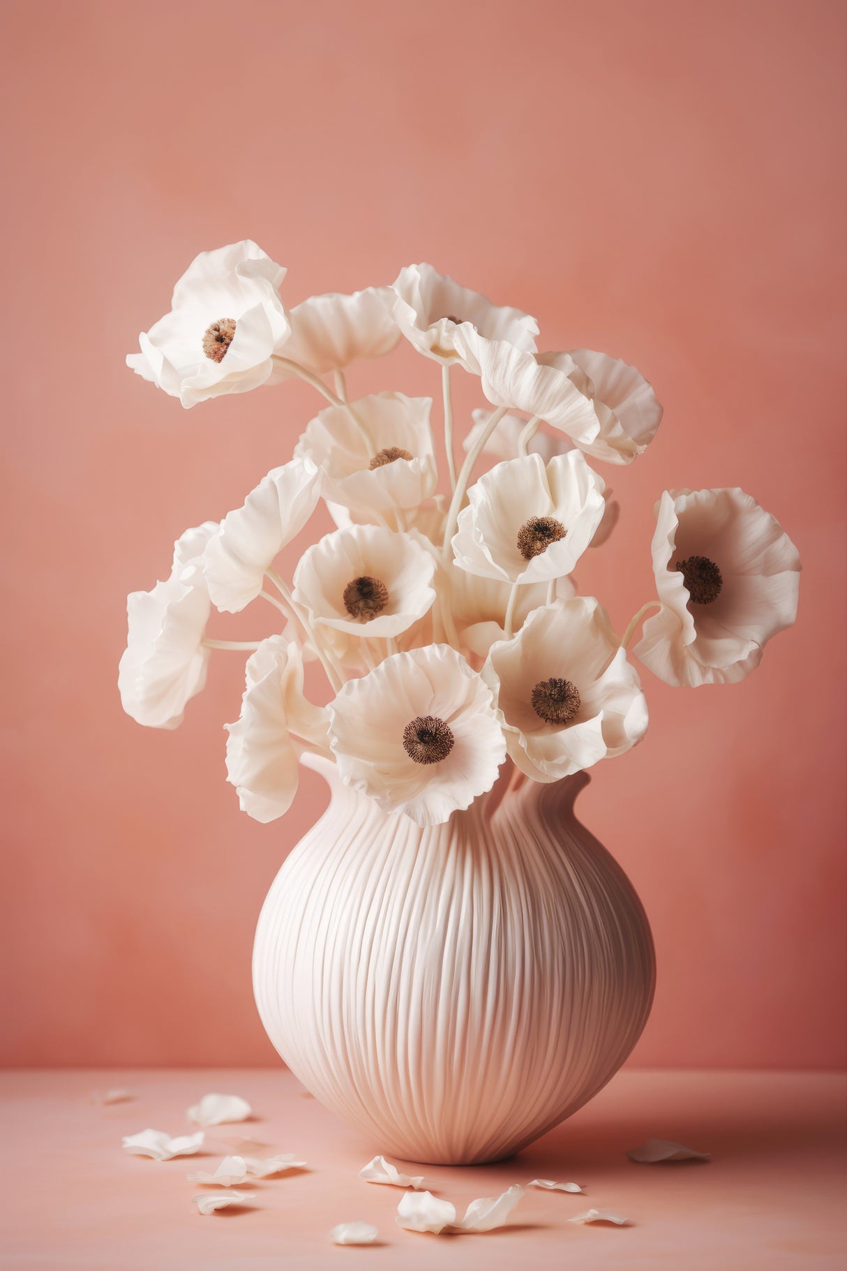 White Poppy On Coral Background Poster och Canvastavla