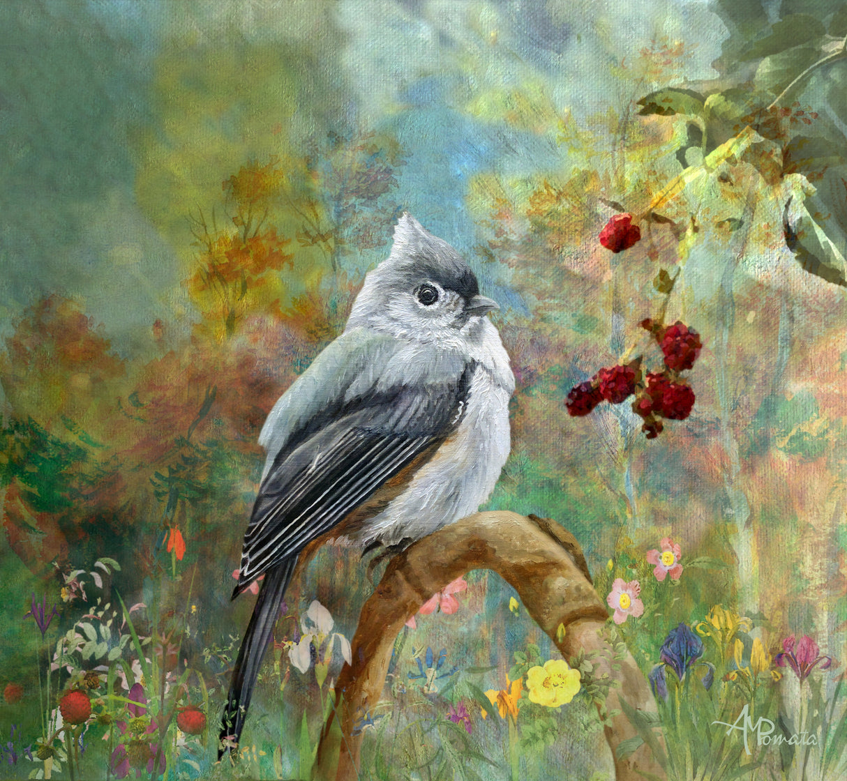 Titmouse In the Berries Garden Poster och Canvastavla