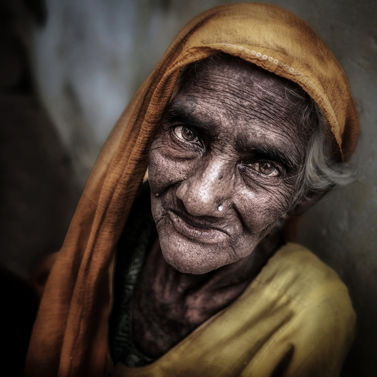 Old Woman Portrait, Varanasi. Poster och Canvastavla