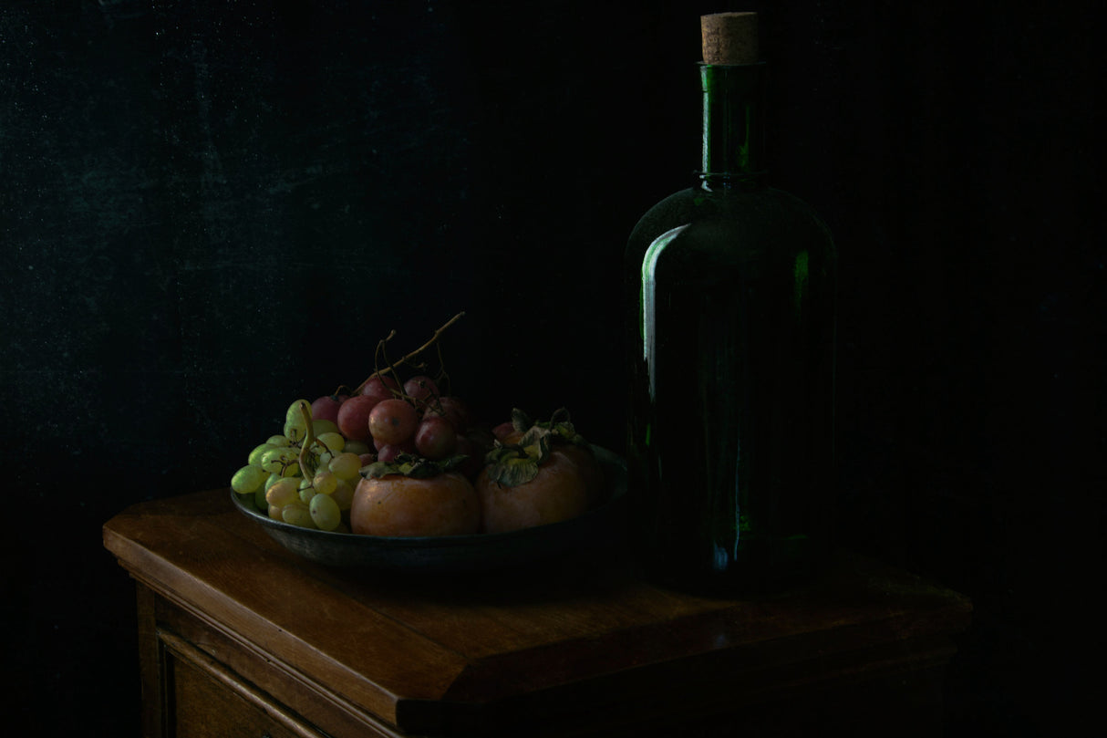 Green bottle and fruits Poster och Canvastavla