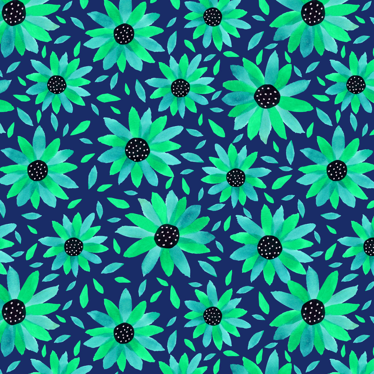 Floral Polka Dot Center Turquoise On Navy Poster och Canvastavla
