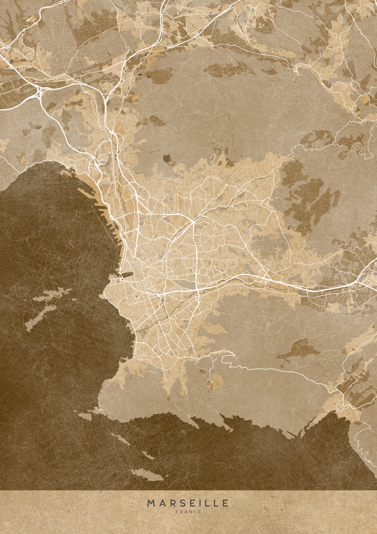 Sepia vintage map of Marseille France Poster och Canvastavla