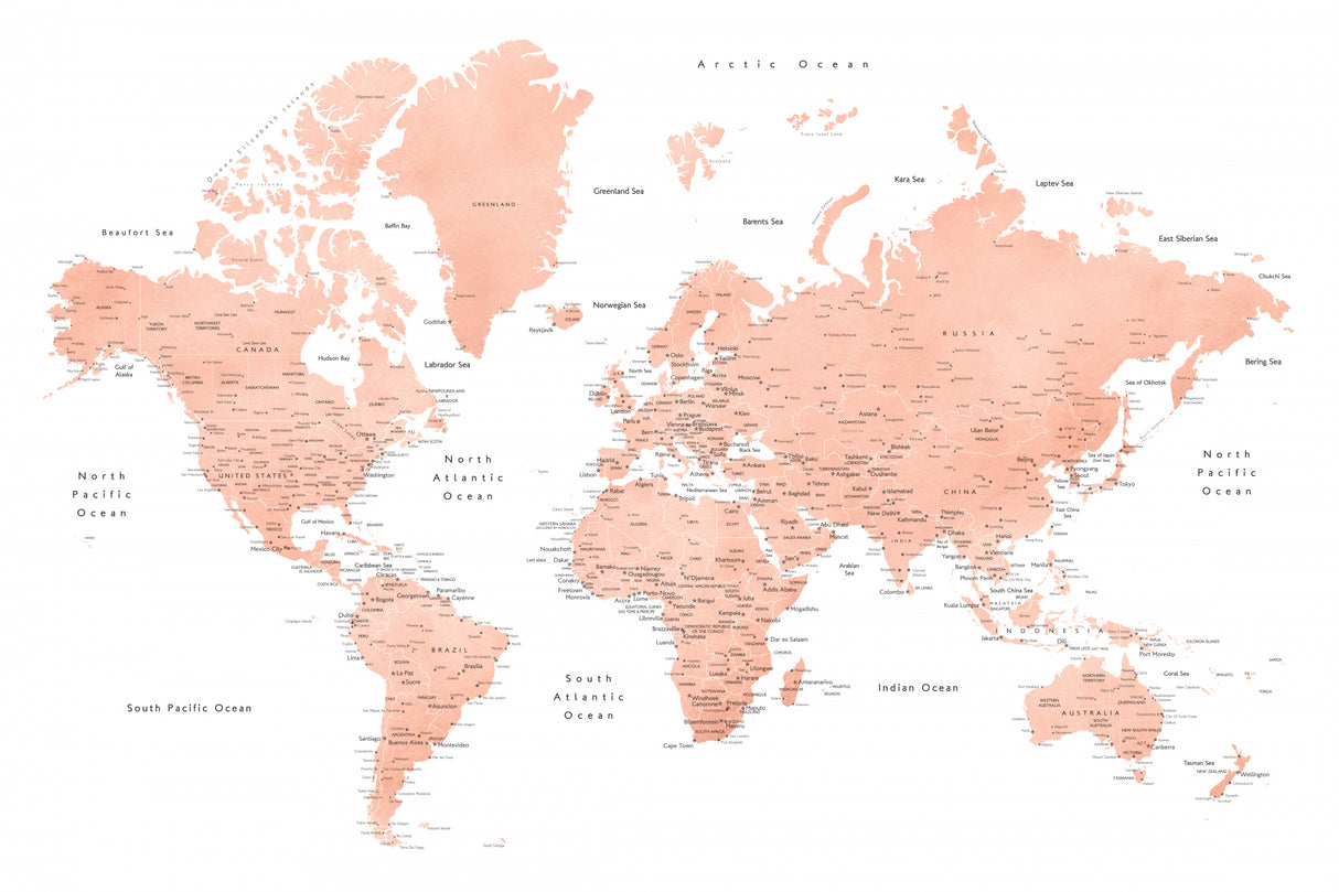 Rose gold world map with cities, Hadi Poster och Canvastavla