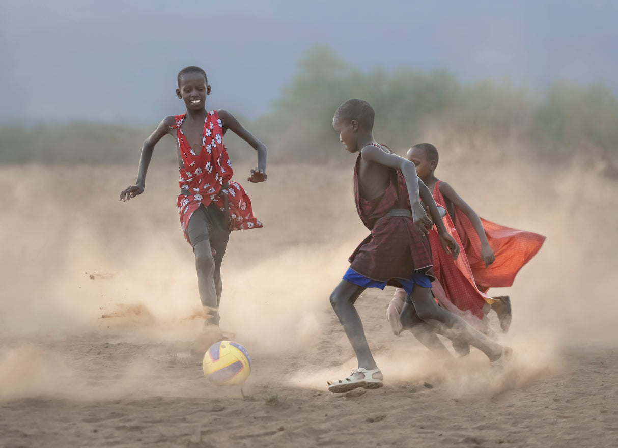 Masai children playing soccer Poster och Canvastavla