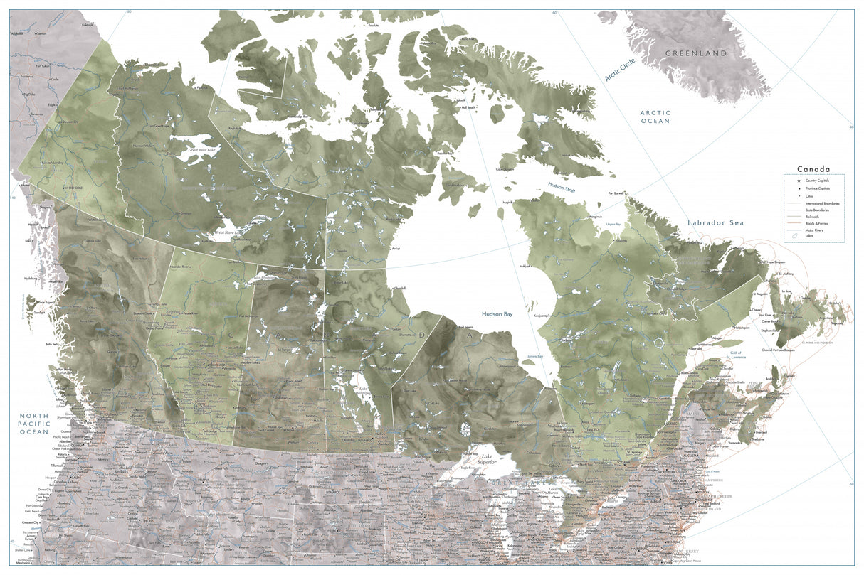 Detailed map of Canada in green watercolor Poster och Canvastavla
