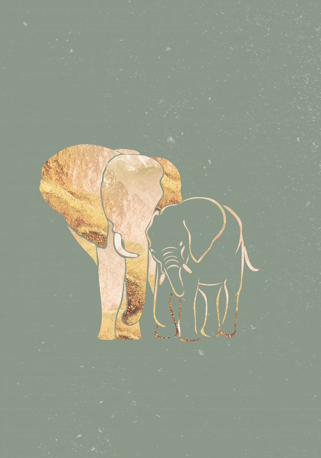 Sage Green Gold Elephants 1 Poster och Canvastavla