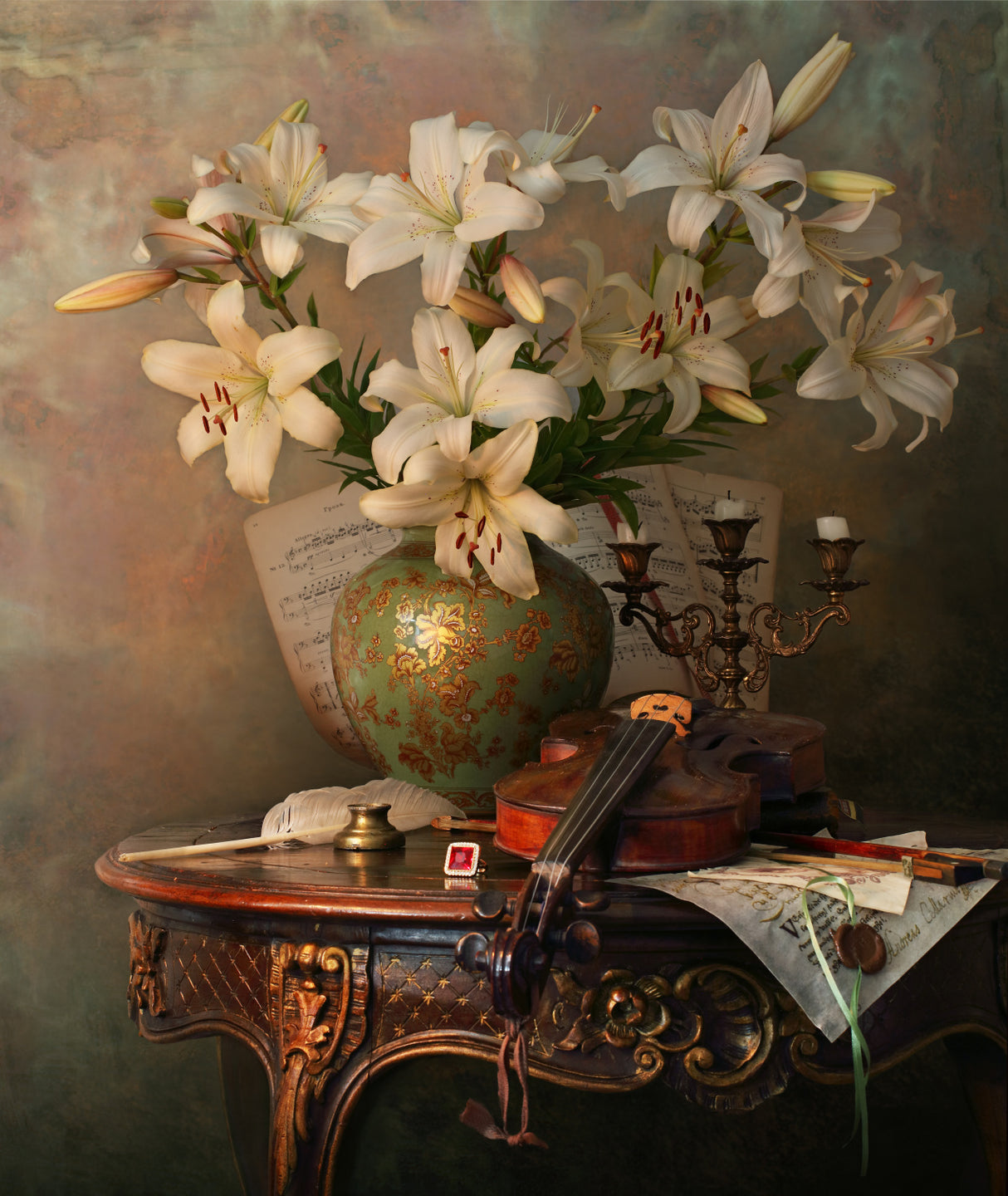 Still life with violin and lilies Poster och Canvastavla