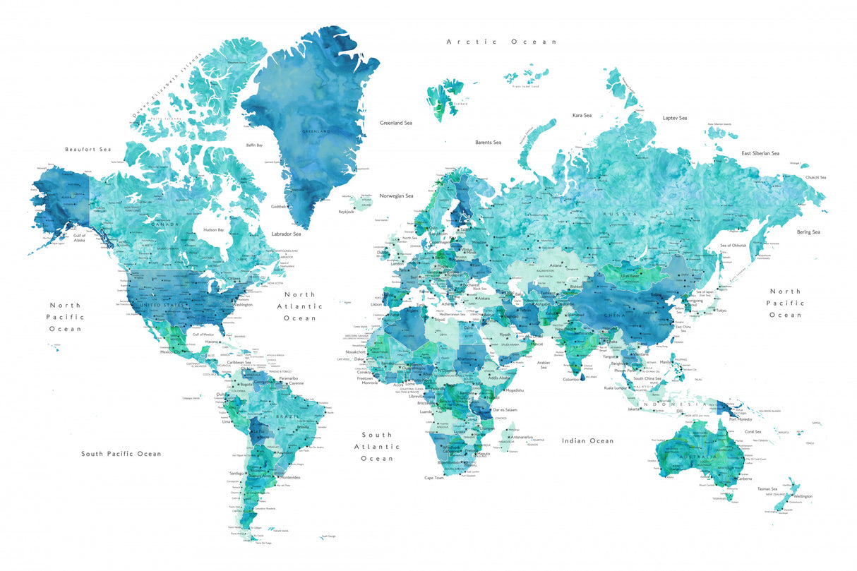 Watercolor world map with cities, Uzziel Poster och Canvastavla