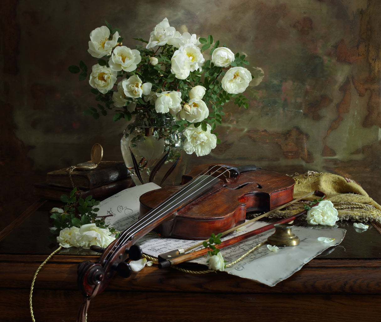 Still life with violin and roses Poster och Canvastavla