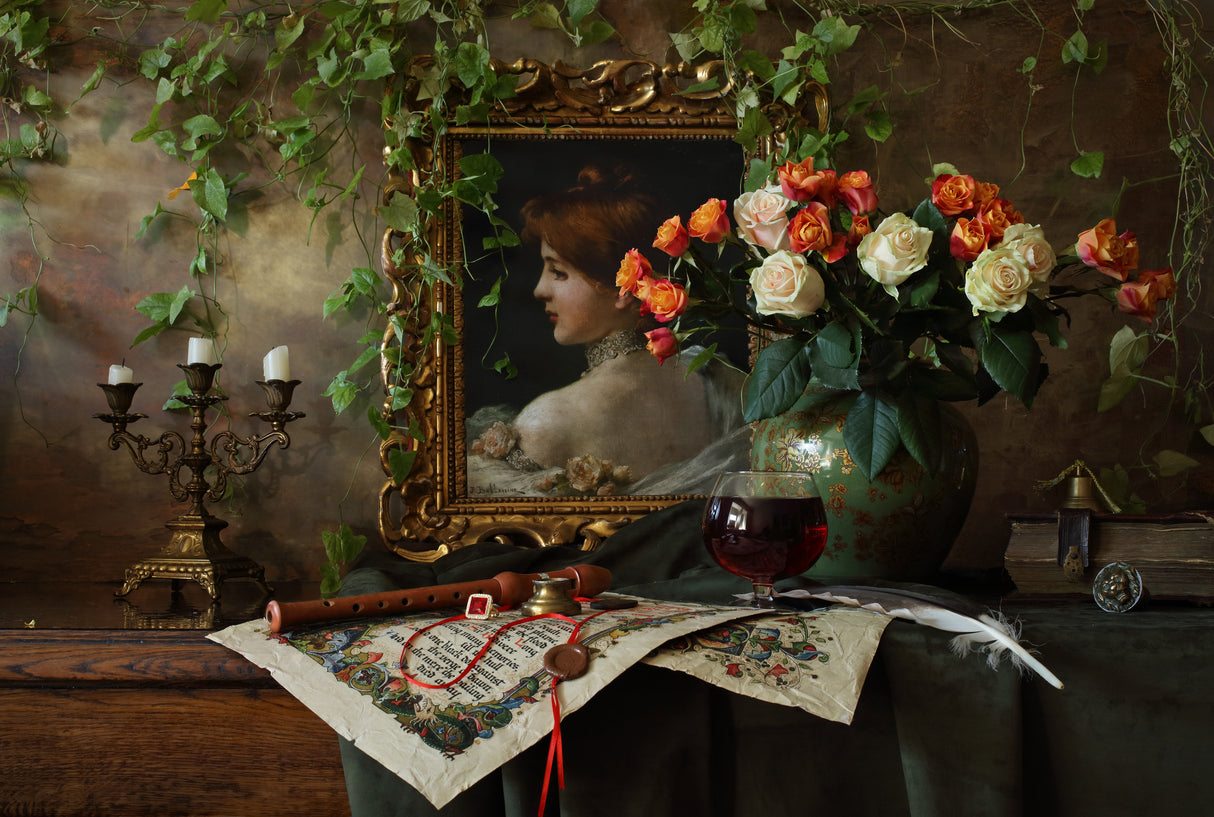 Still life with flowers and picture Poster och Canvastavla