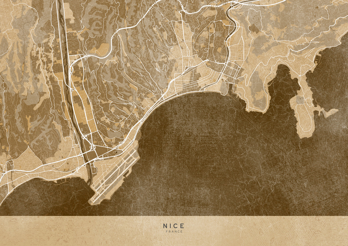 Sepia vintage map of Nice France Poster och Canvastavla