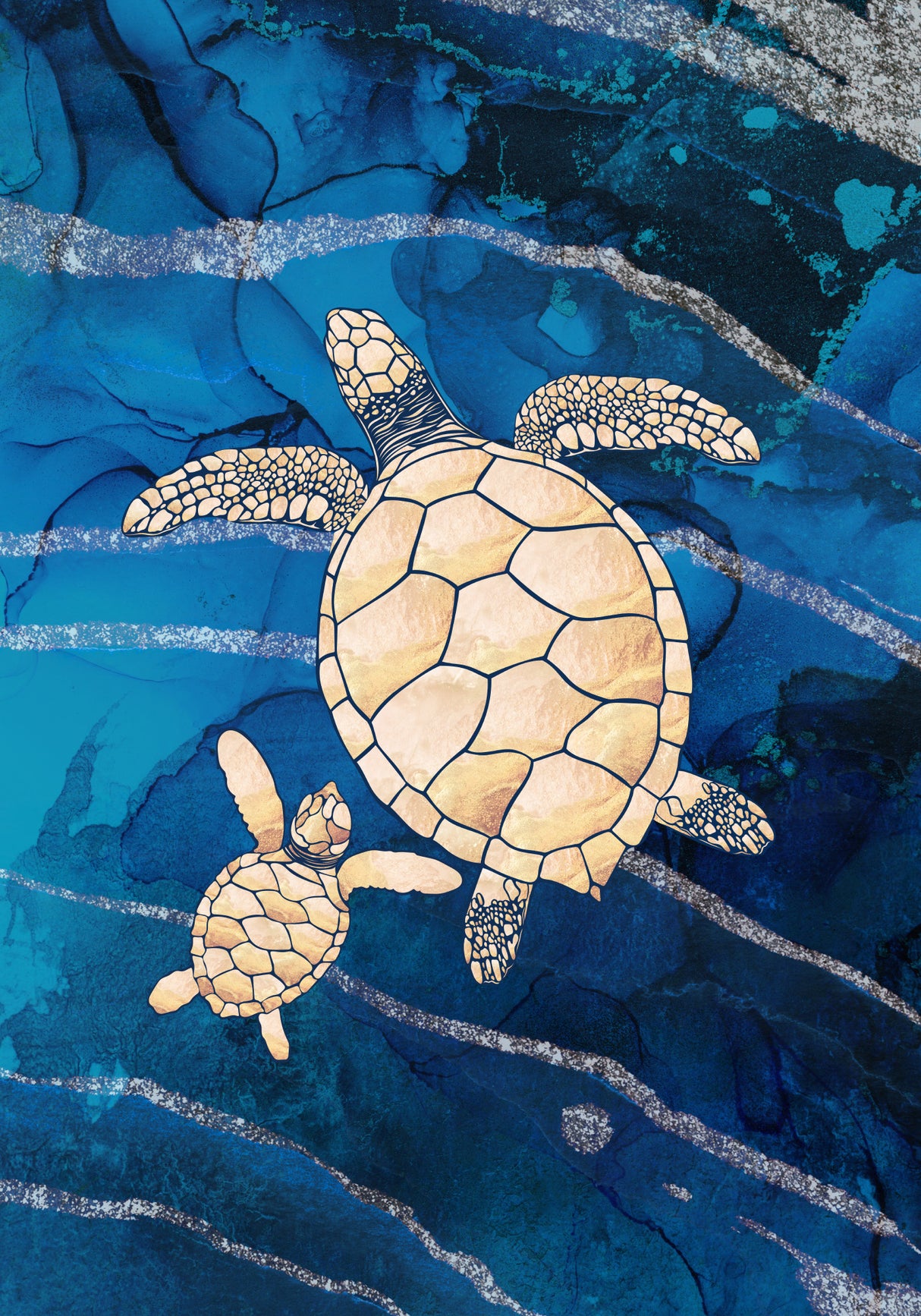 Gold turtles swimming Poster och Canvastavla