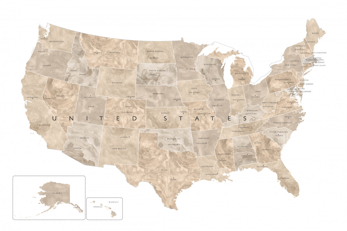 Taupe watercolor US map Poster och Canvastavla