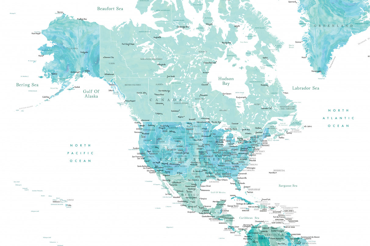 Map of North America in aquamarine watercolor Poster och Canvastavla