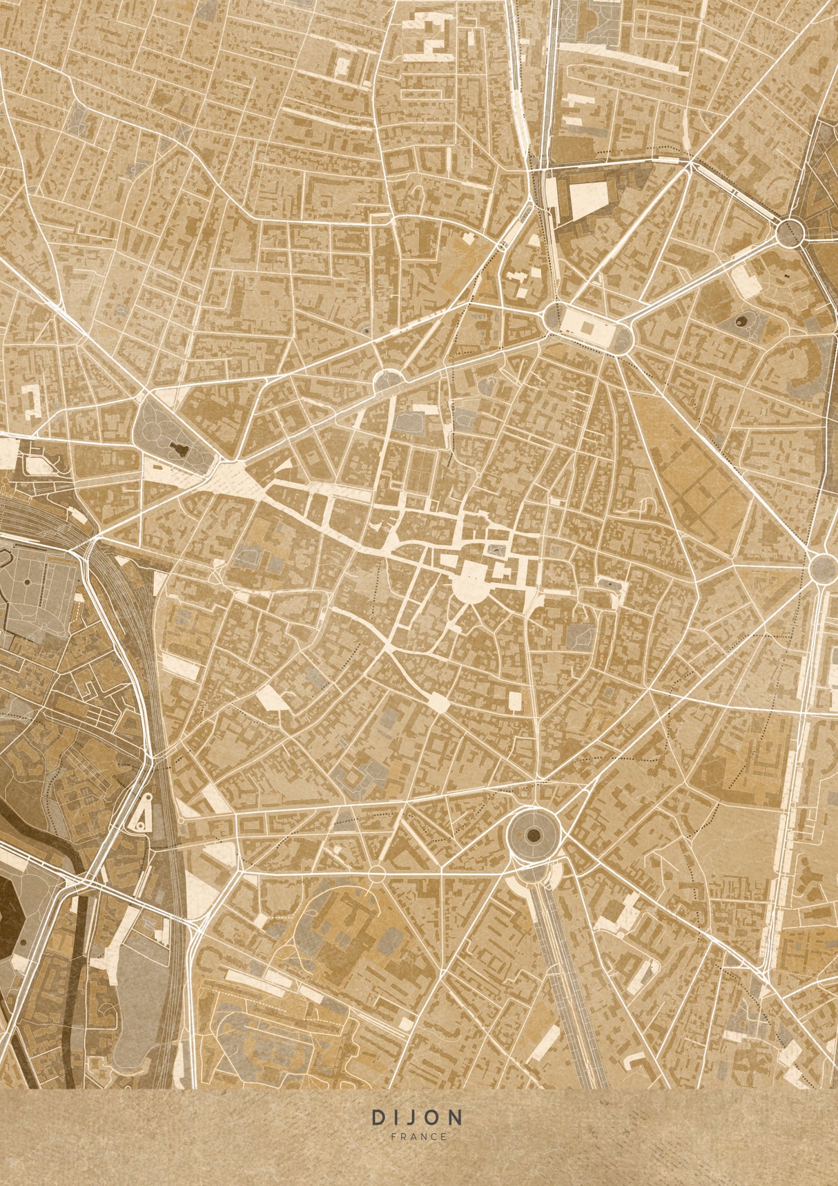 Sepia vintage map of Dijon downtown France Poster och Canvastavla
