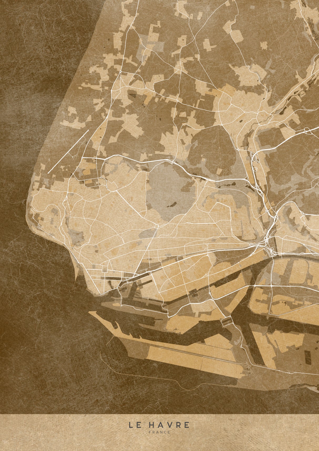Sepia vintage map of Le Havre France Poster och Canvastavla