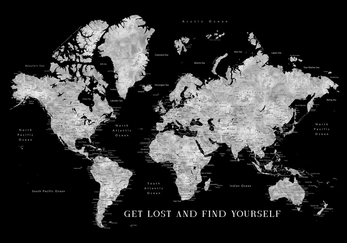 Baibah world map with cities, get lost Poster och Canvastavla