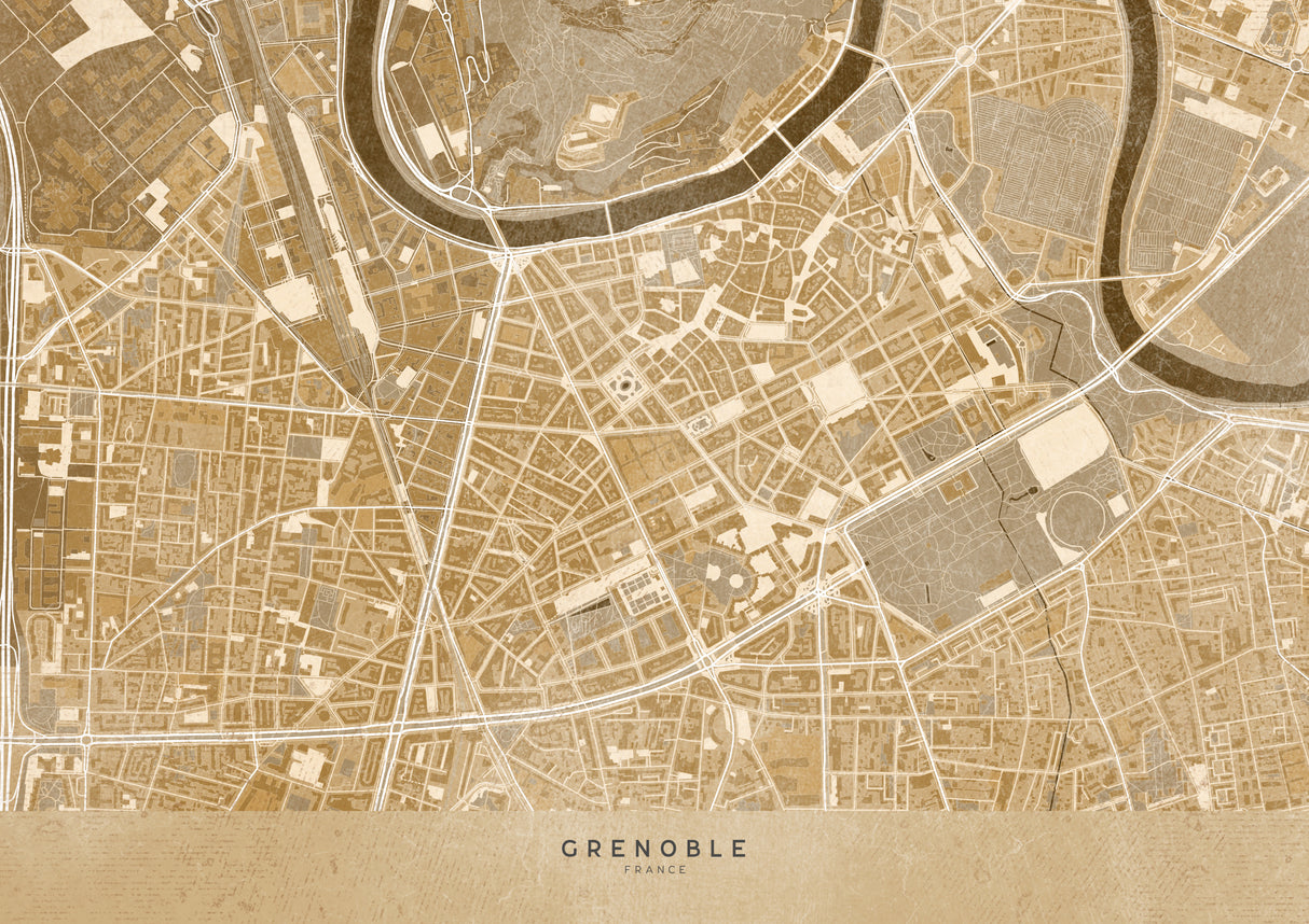 Sepia vintage map of Grenoble downtown France Poster och Canvastavla