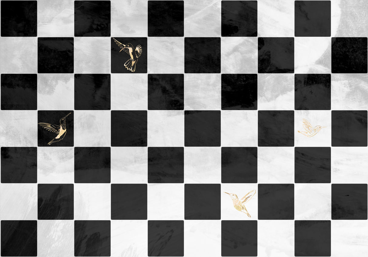 Checkerboard with gold hummingbirds Poster och Canvastavla