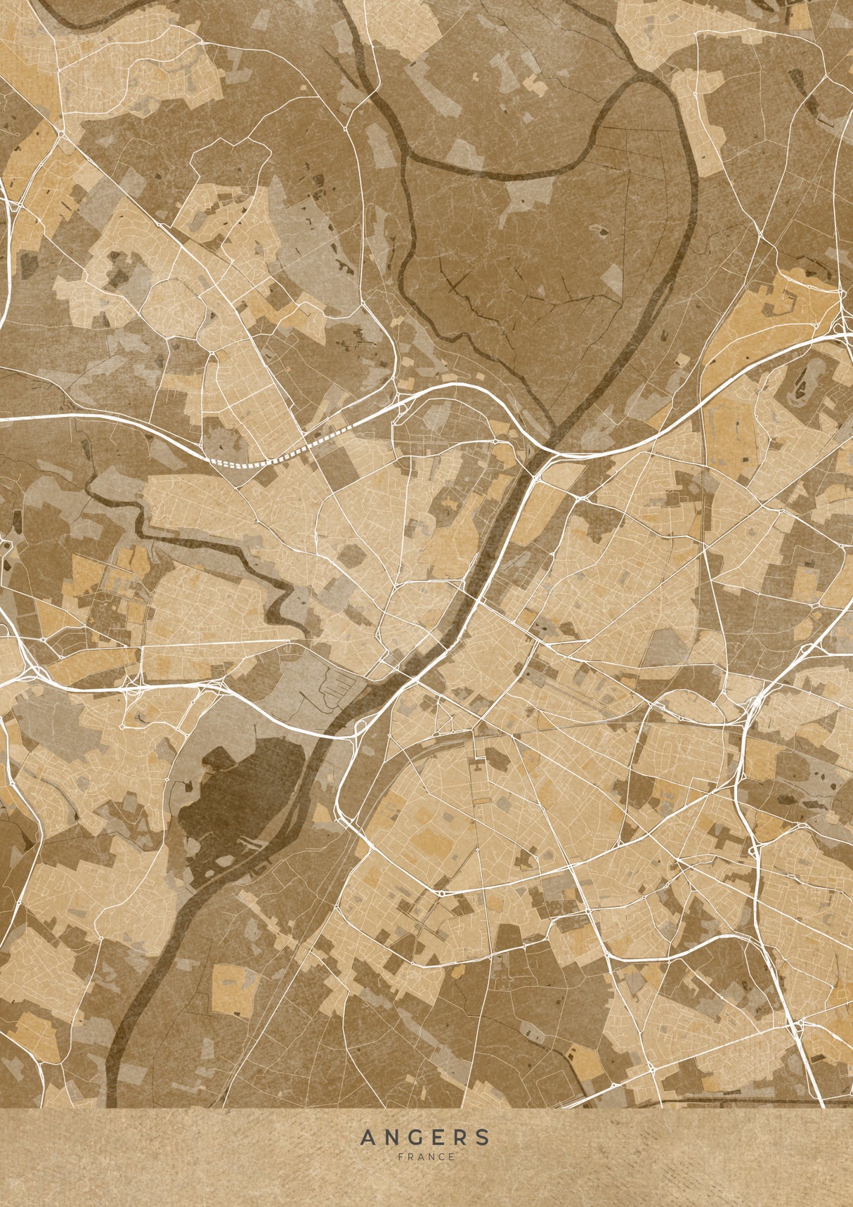 Sepia vintage map of Angers France Poster och Canvastavla