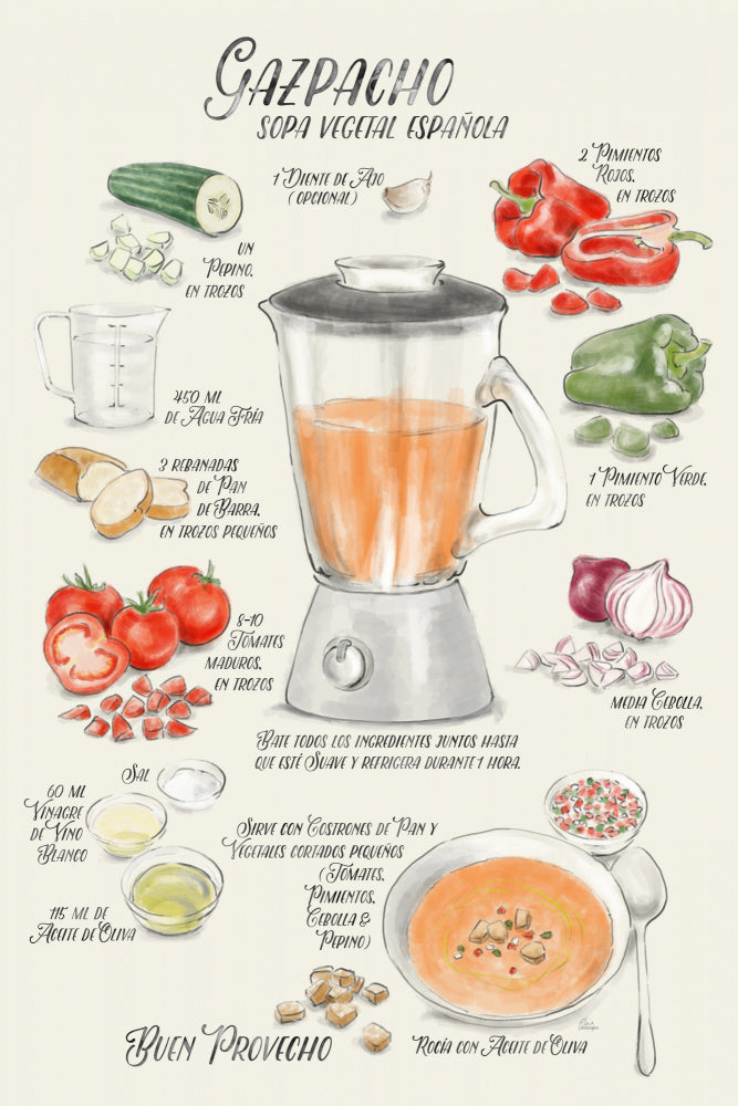 Gazpacho illustrated recipe in Spanish Poster Kitchen poster eller kökstavla