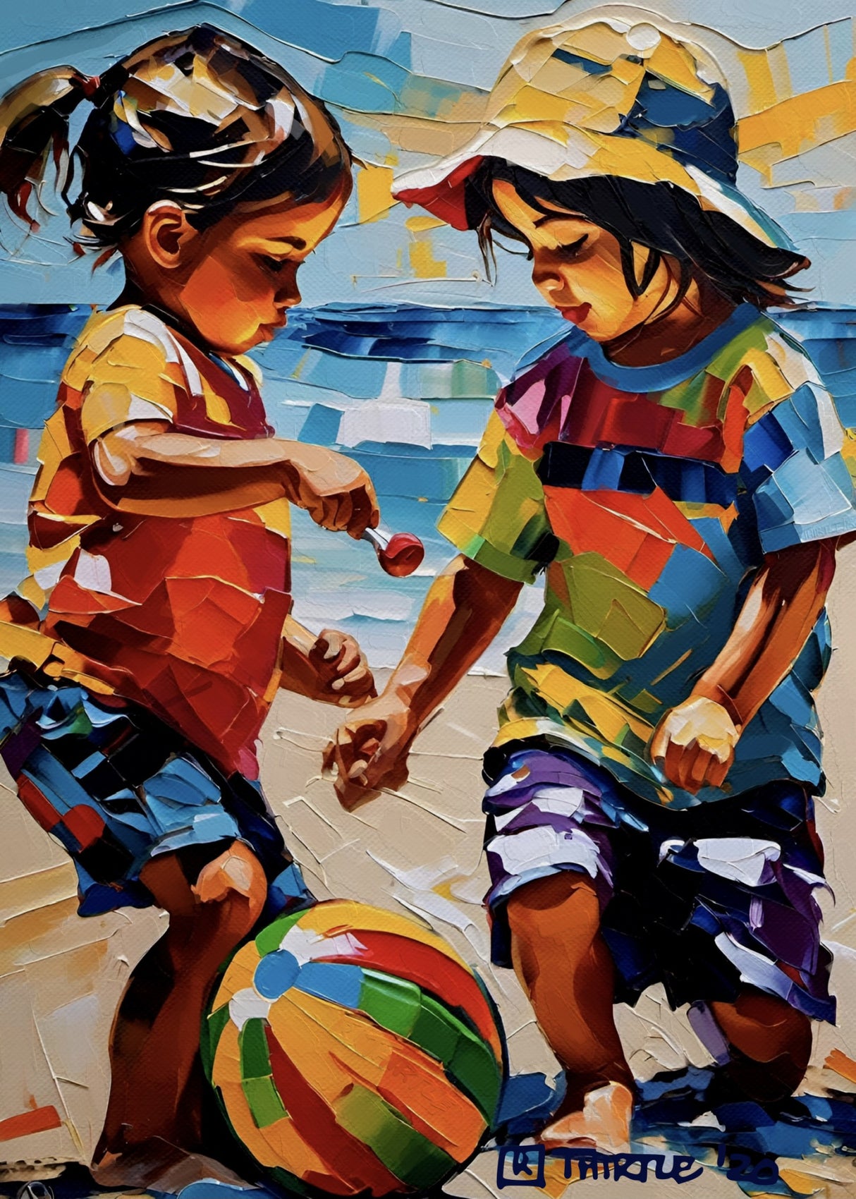 Boy and Girl Playing On the Beach Poster och Canvastavla