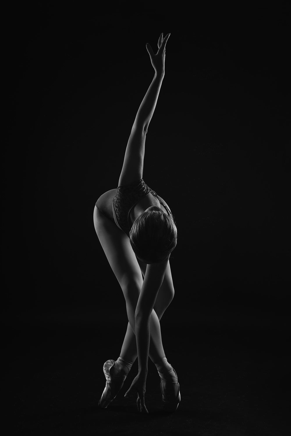 string. the ballerina is standing on pointe shoes leaning forward and wrapping her arm around Poster och Canvastavla