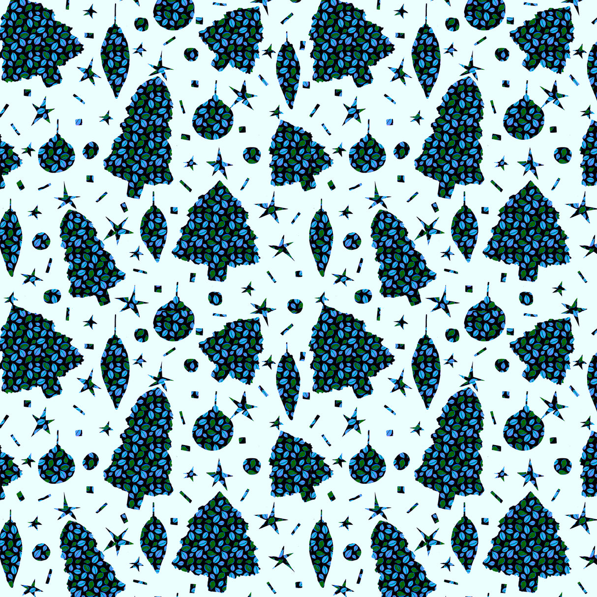 Blue Green Leaves On Blue Christmas Trees and Bulbs Poster och Canvastavla