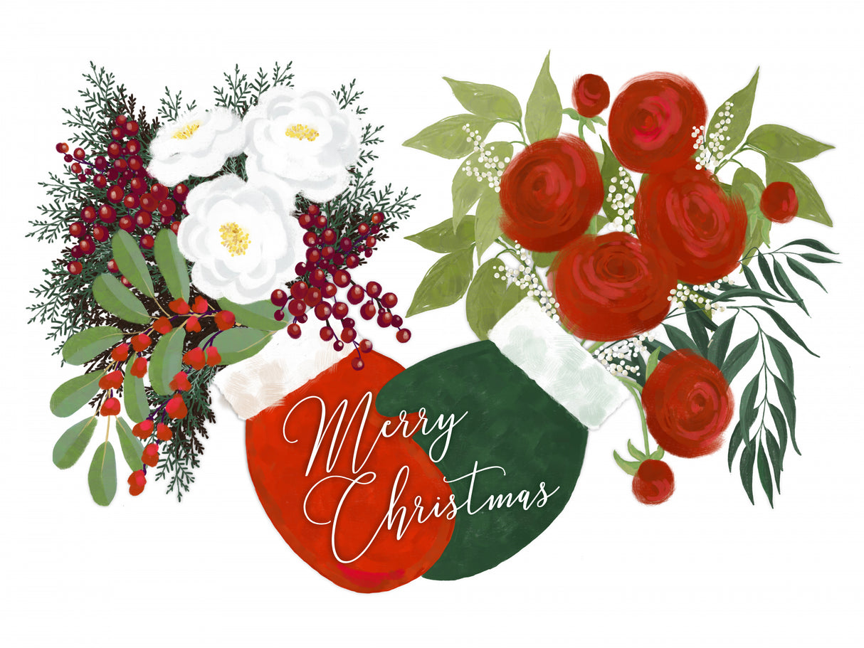 Floral mittens Merry Christmas in white Poster och Canvastavla