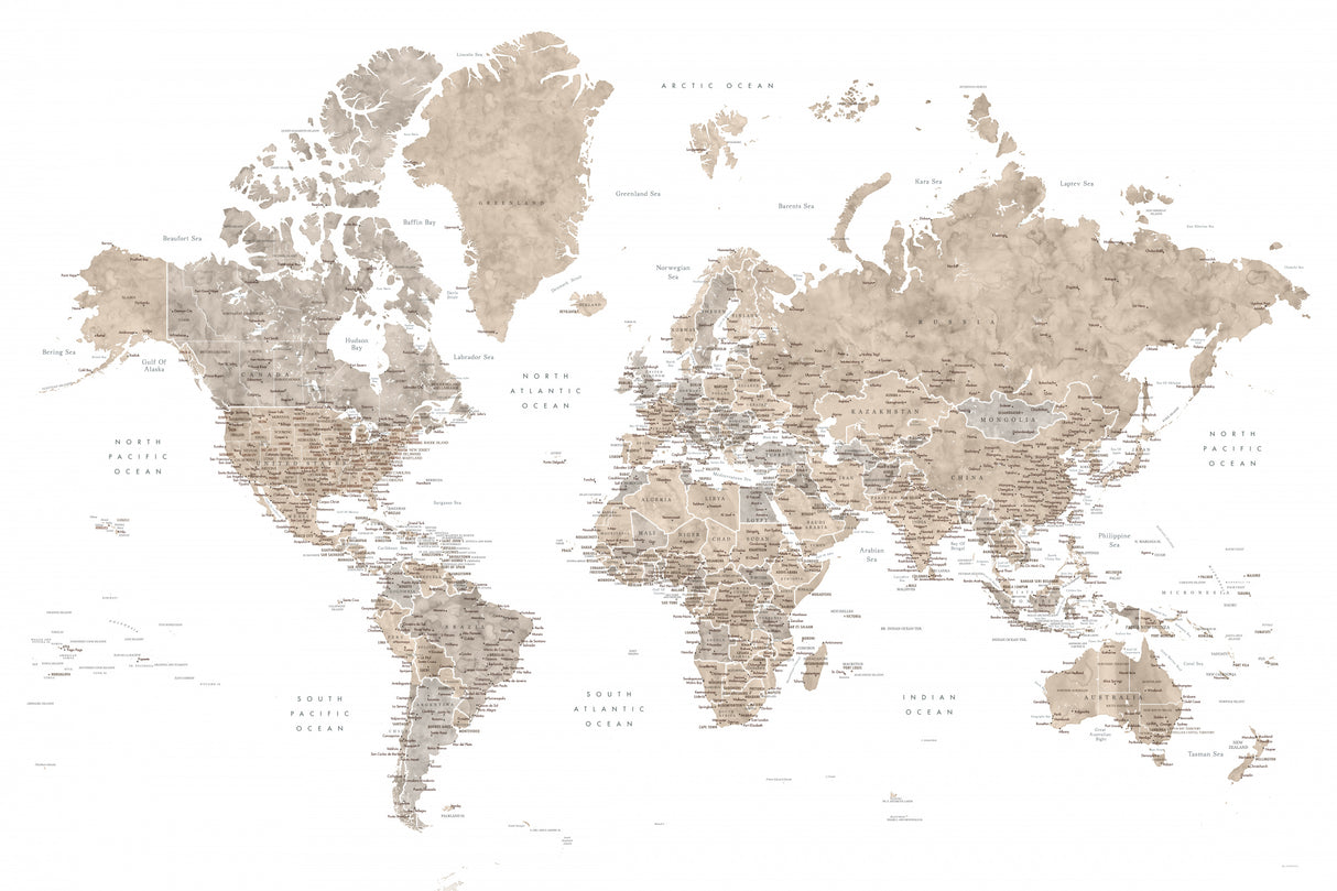 Detailed world map with cities, Abey Poster och Canvastavla