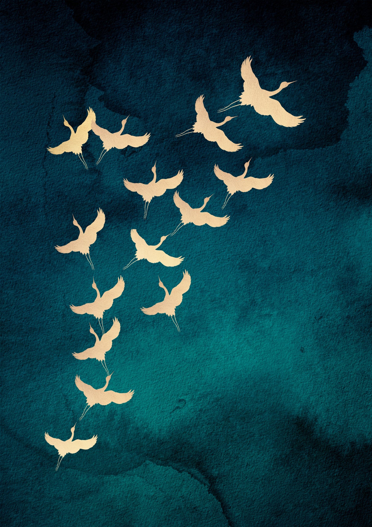 Teal Flying Cranes Poster och Canvastavla