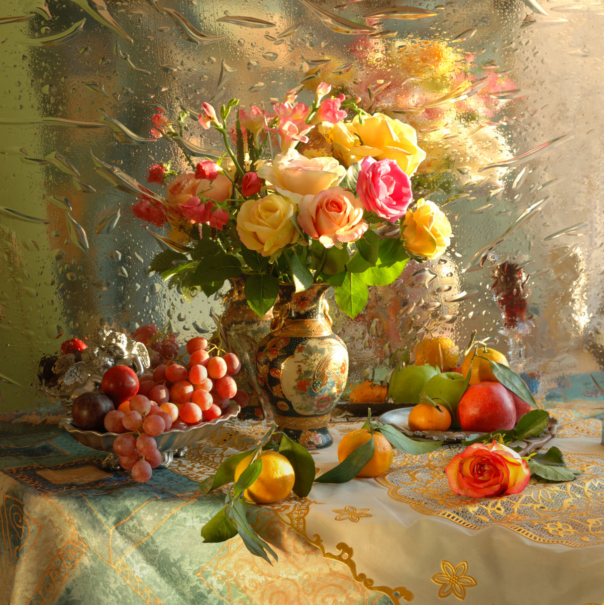 Still life with flowers and fruits Poster och Canvastavla
