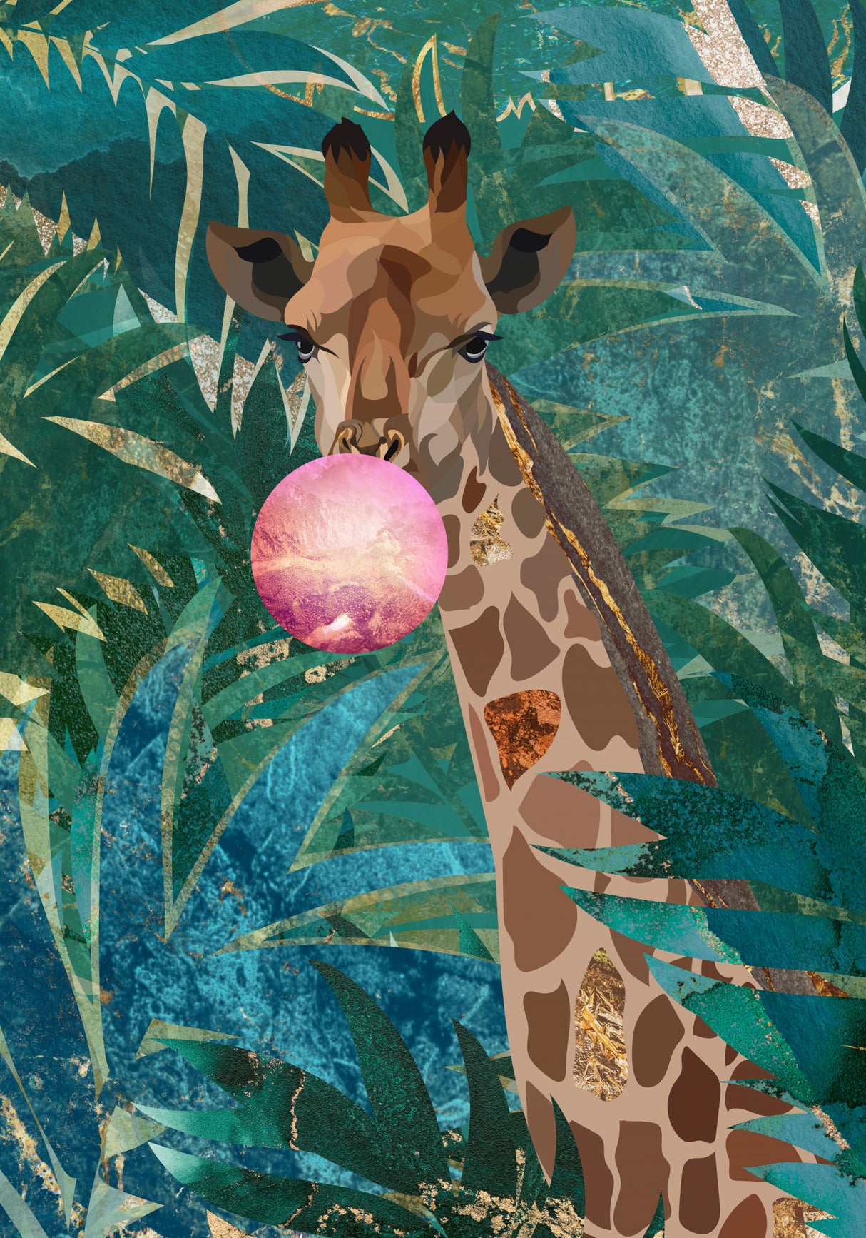 Bubblegum giraffe in the jungle Poster och Canvastavla