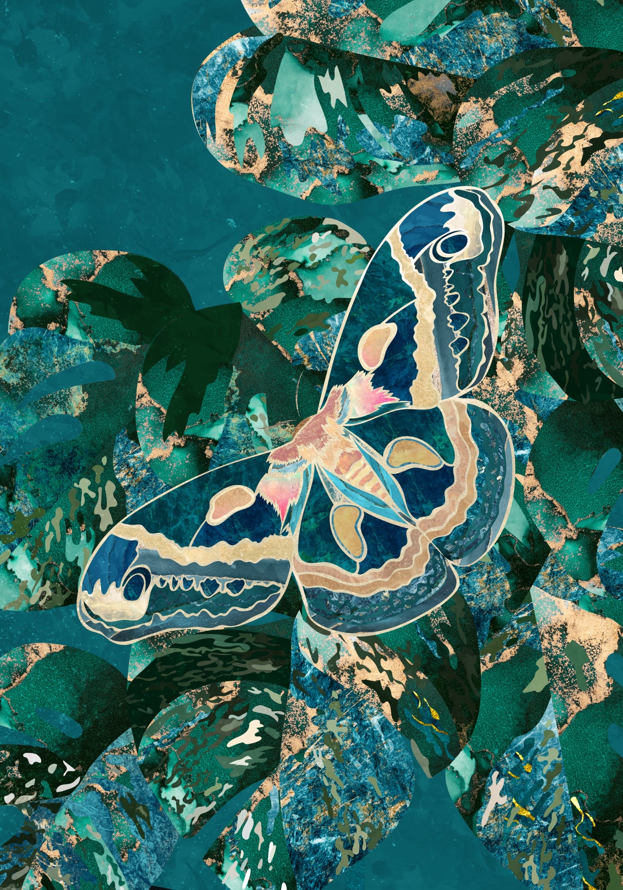 Moth and Monstera Leaves Poster och Canvastavla