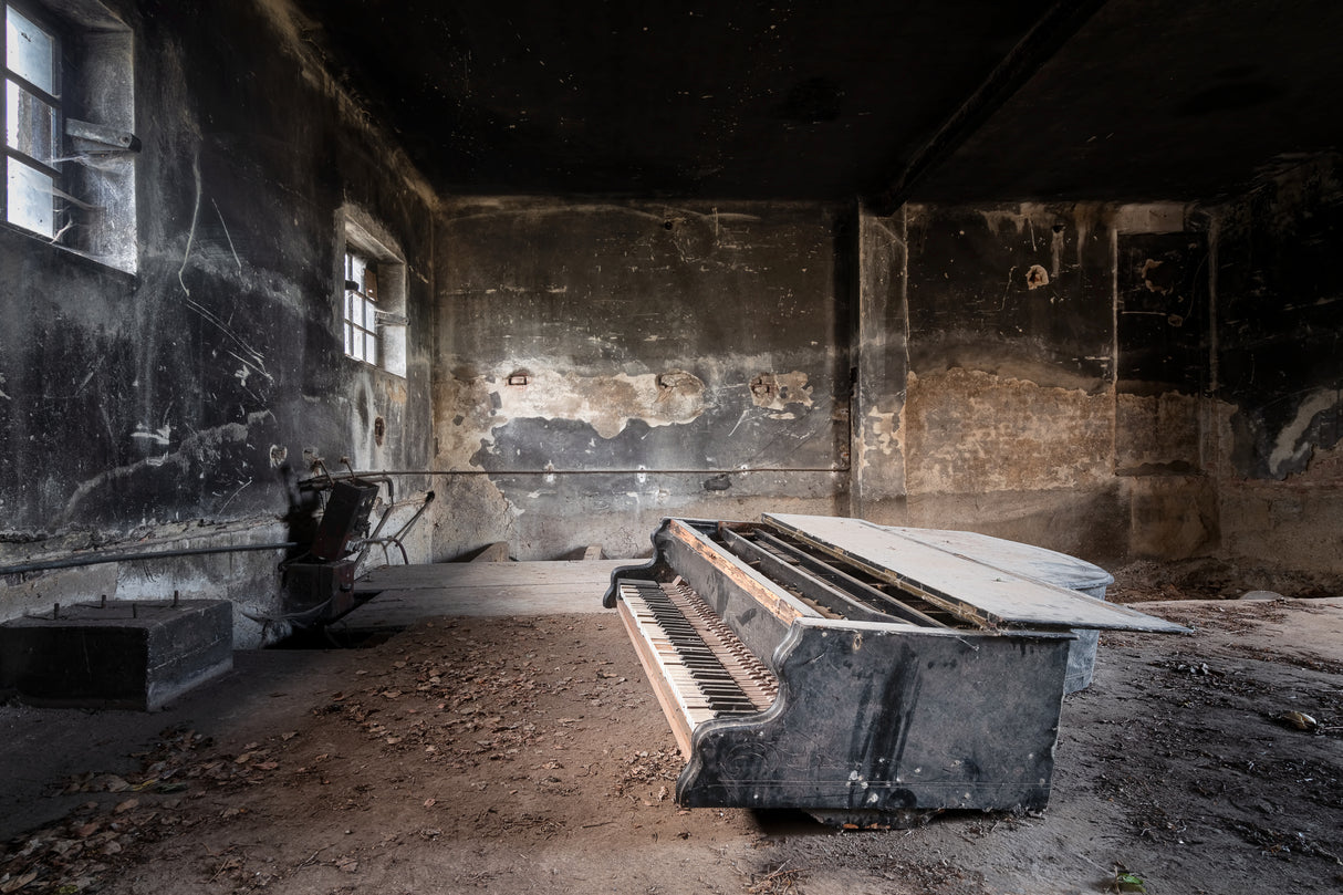 Piano in Burned Garage Poster och Canvastavla