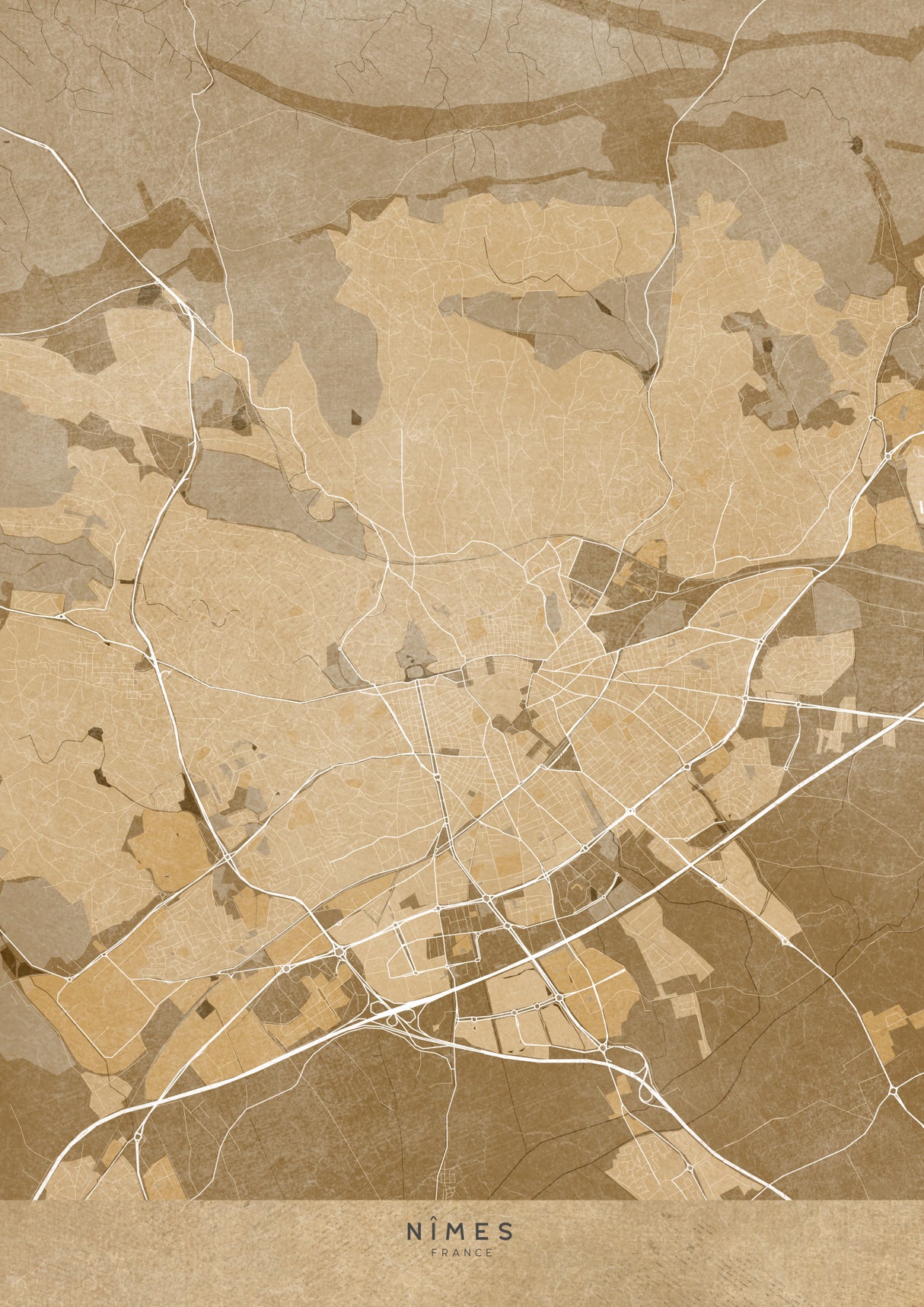Sepia vintage map of Nîmes France Poster och Canvastavla
