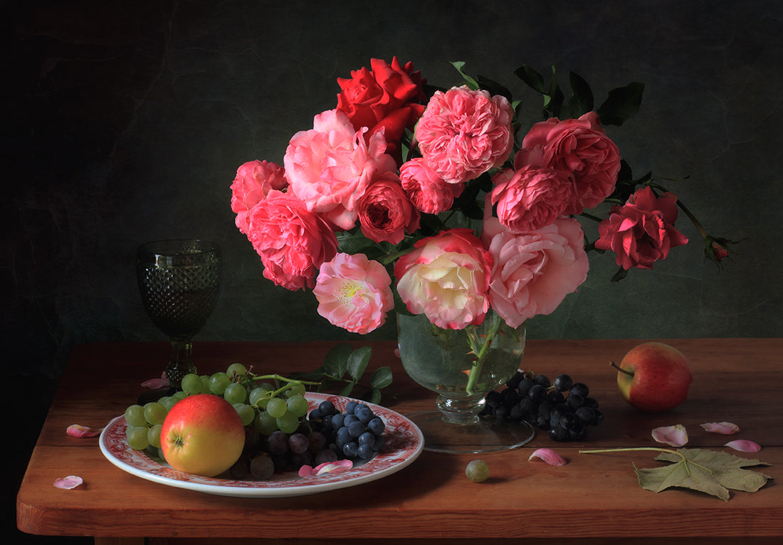 Still life with a bouquet of roses and fruits Poster och Canvastavla