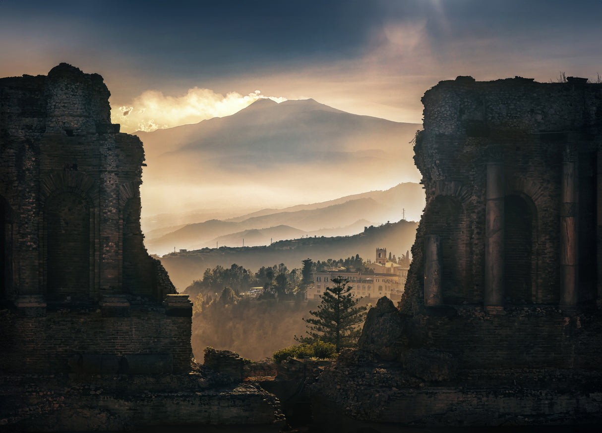 Volcano on ancient ruins Poster och Canvastavla